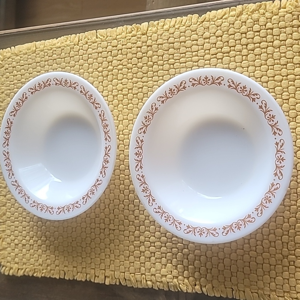 2 vintage Monkey Dish Pyrex Corning Milk Glass copper filigree soup bowls 707